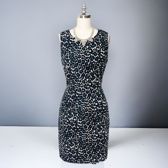 J. Crew Jacquard Cotton Sheath Dress Black Green Leopard Print 2 - Picture 1 of 11